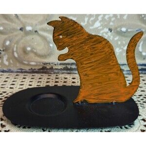 Hand Crafted & Painted Metal Sitting Cat Kitten Candle Holder